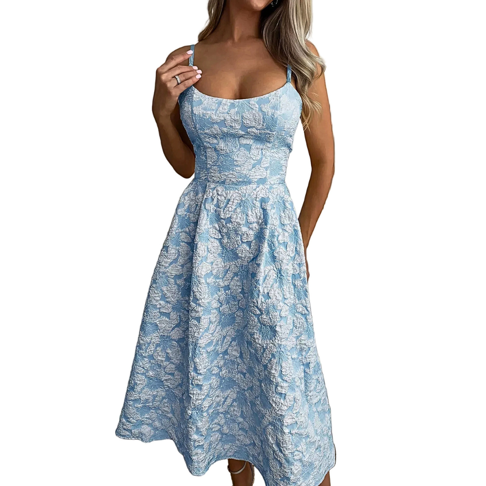 A-Line Midi Dress Floral Textured Cami Sleeveless Ruffle Zipper Summer Dresses