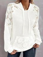 Women's Hoodie White Lace Trim Waffle Knit Oversized Pocketed Loose Top
