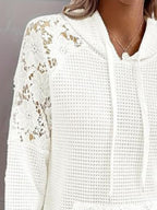Women's Hoodie White Lace Trim Waffle Knit Oversized Pocketed Loose Top