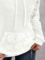 Women's Hoodie White Lace Trim Waffle Knit Oversized Pocketed Loose Top