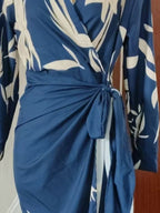 Fashion Printed Shirt Midi Dresses Wrap Turn-down Collar Lace-up Belt Tied Side Slit