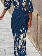 Fashion Printed Shirt Midi Dresses Wrap Turn-down Collar Lace-up Belt Tied Side Slit