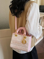 Women's Mini Tote Bag Light Pink Floral Textured Letter Embroidered Crossbody