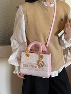 Women's Mini Tote Bag Light Pink Floral Textured Letter Embroidered Crossbody