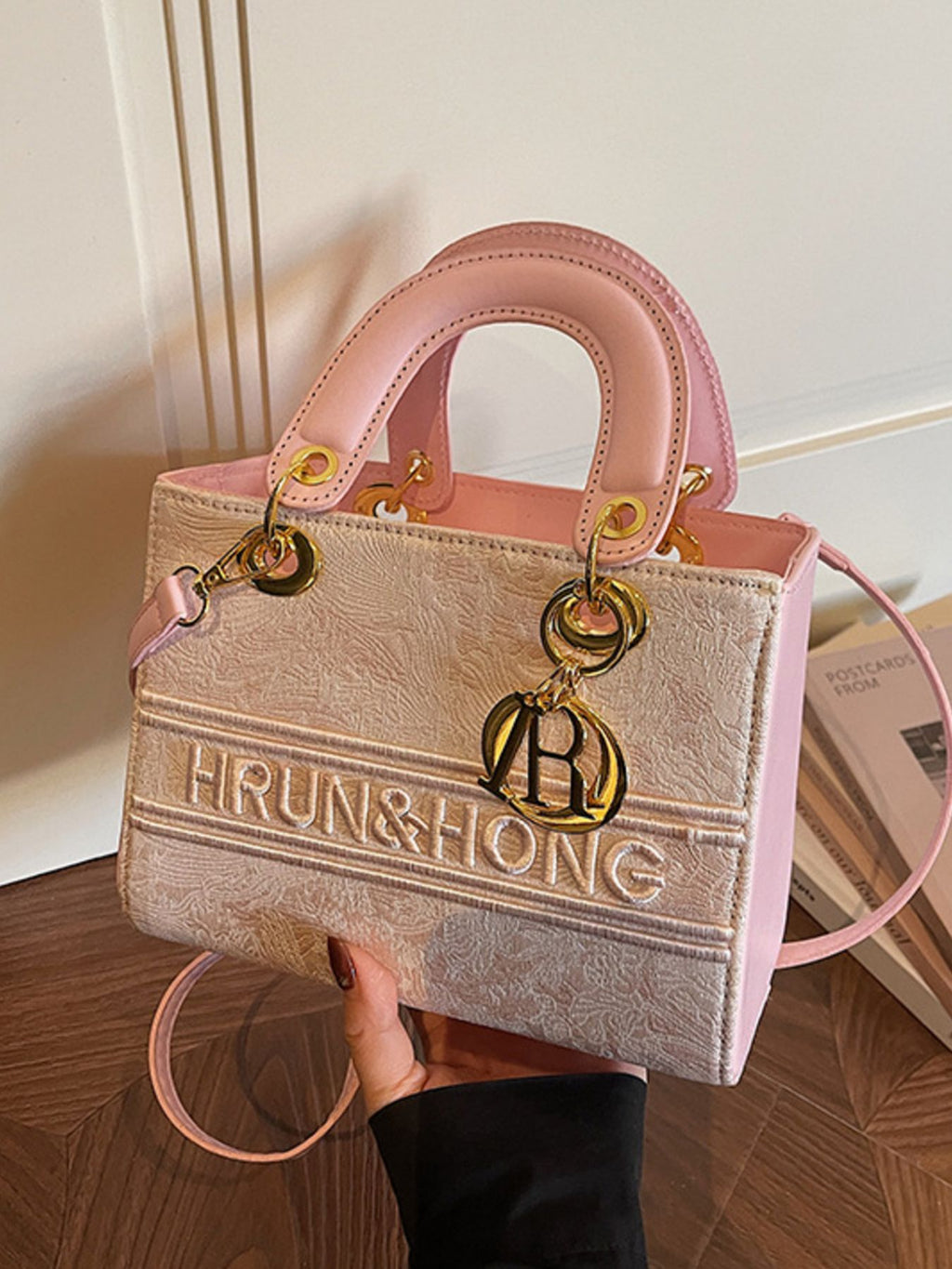 Women's Mini Tote Bag Light Pink Floral Textured Letter Embroidered Crossbody