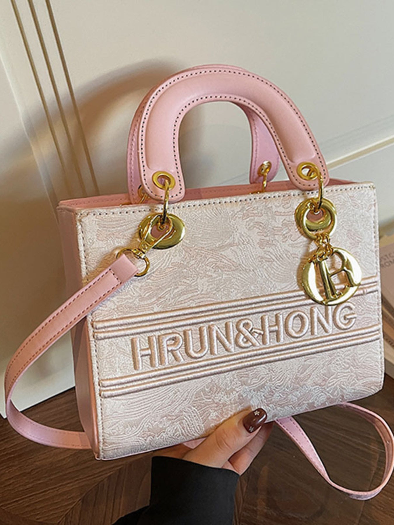 Women's Mini Tote Bag Light Pink Floral Textured Letter Embroidered Crossbody