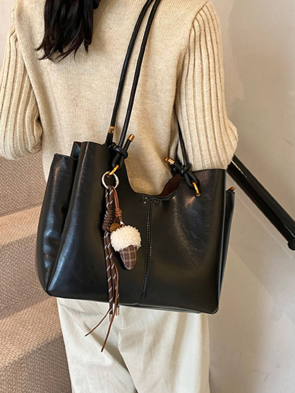 Women's Shoulder Bag Large Pu Leather Black Stylish Multifunction Handbag