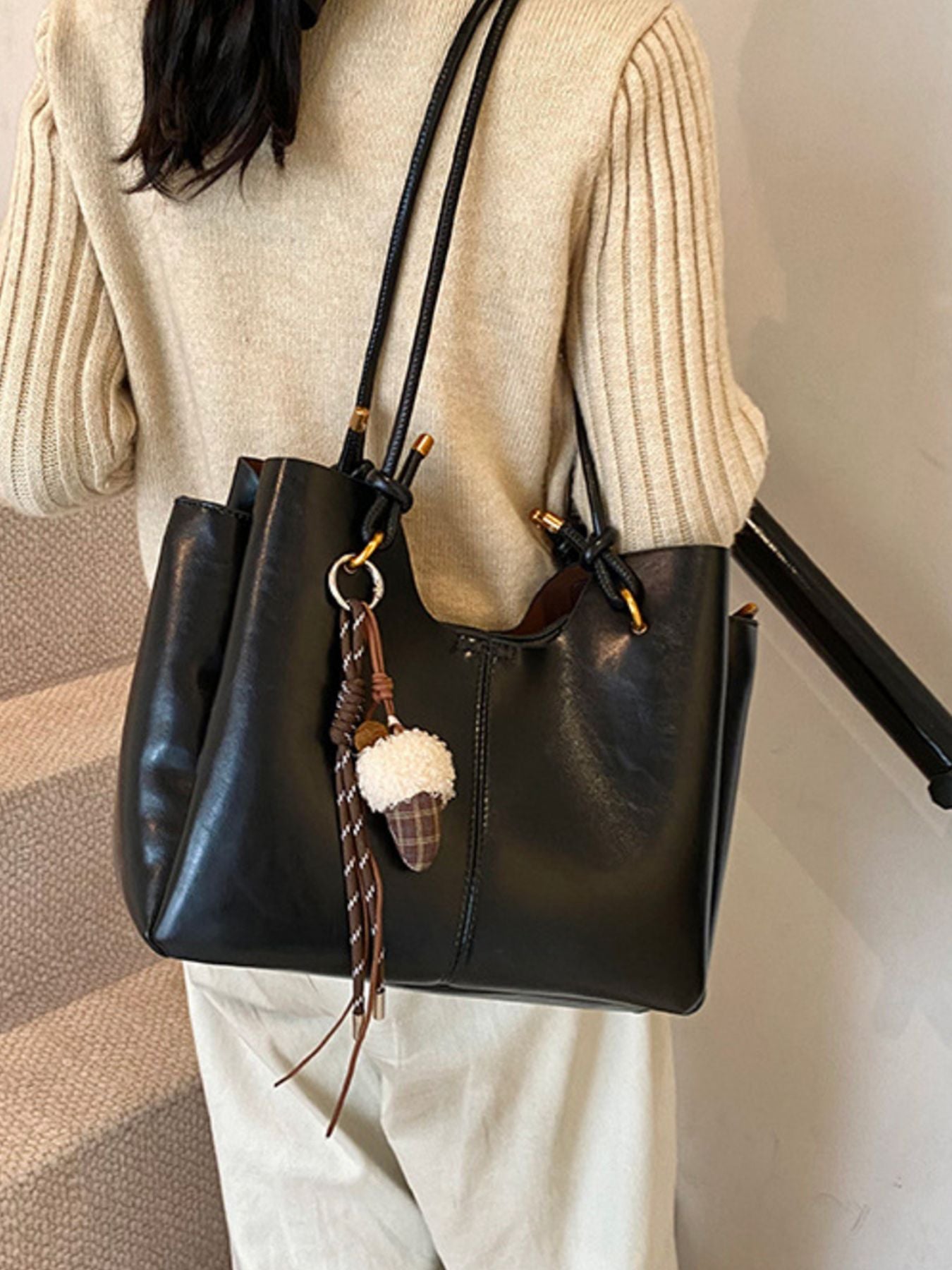 Women's Shoulder Bag Large Pu Leather Black Stylish Multifunction Handbag