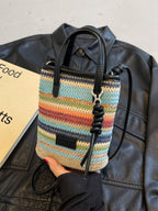 Straw Woven Mini Crossbody Bag Colrorful Striped Boho Casual Beach Zip Purse