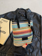 Straw Woven Mini Crossbody Bag Colrorful Striped Boho Casual Beach Zip Purse