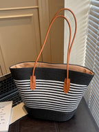 Straw Striped Woven Shoulder Bag Women's Casual Summer Beach Handbags