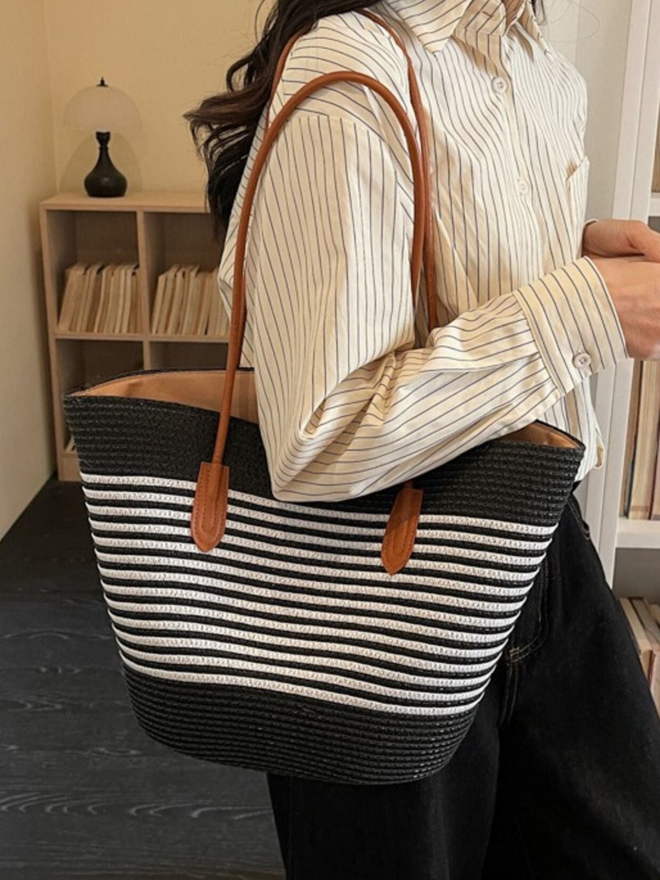 Straw Striped Woven Shoulder Bag Women's Casual Summer Beach Handbags