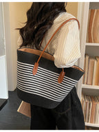 Straw Striped Woven Shoulder Bag Women's Casual Summer Beach Handbags