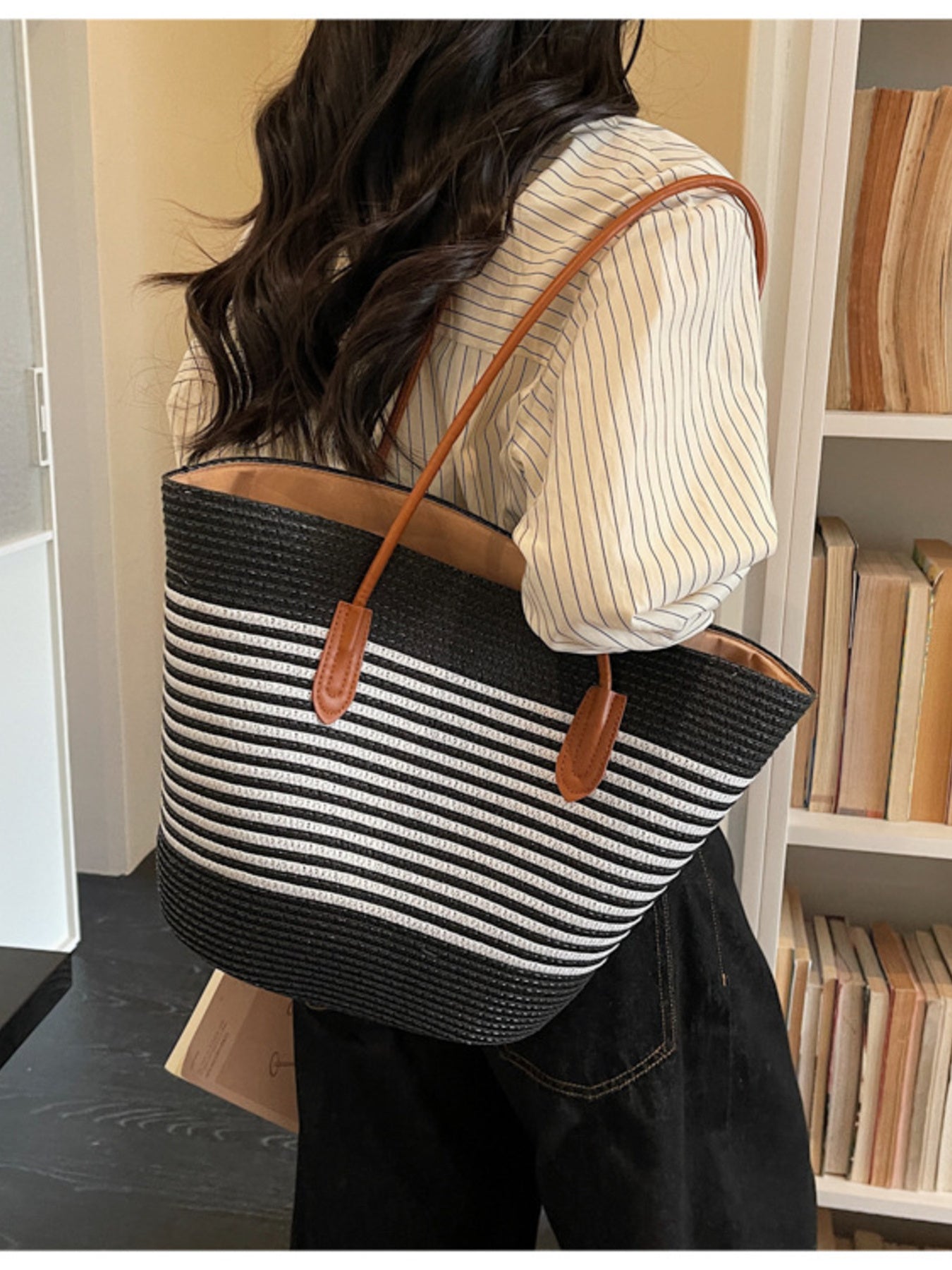 Straw Striped Woven Shoulder Bag Women's Casual Summer Beach Handbags