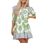 Babydoll Minikleid Boho Blumenmix Print V-Ausschnitt Rüschen Kurzarm Lässig