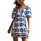 Babydoll Mini Floral Dress V-Neck Buttoned Ruffle Short Sleeve Royal Blue Ruched