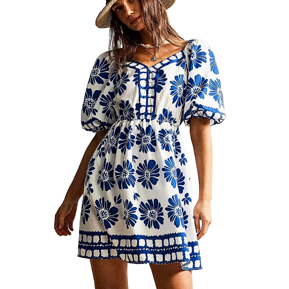 Babydoll Mini Floral Dress V-Neck Buttoned Ruffle Short Sleeve Royal Blue Ruched