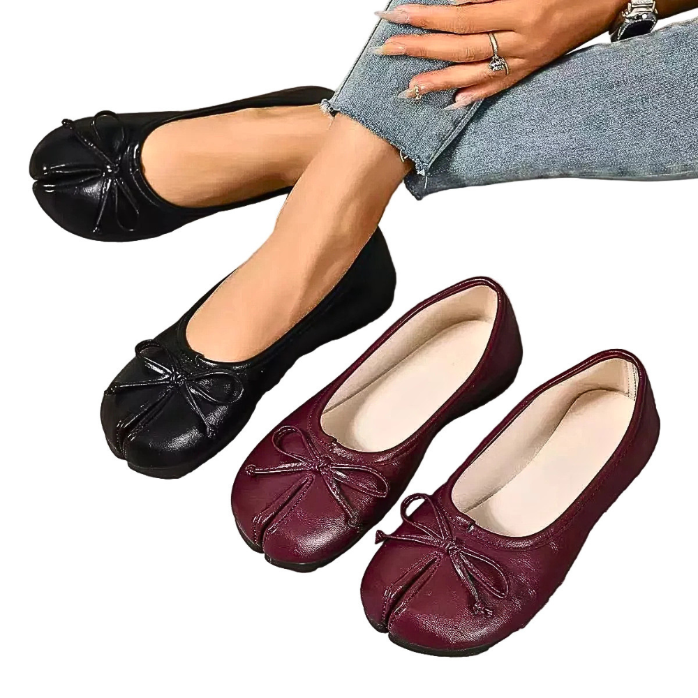 Ballerinas Shoes Bow Split Toe Slip-Ons Pu Leather Casual Women's Flats