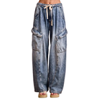 BiBi Baggy Barrel Jeans With Cargo Pockets Casual Drawstring Waist Loose Denim