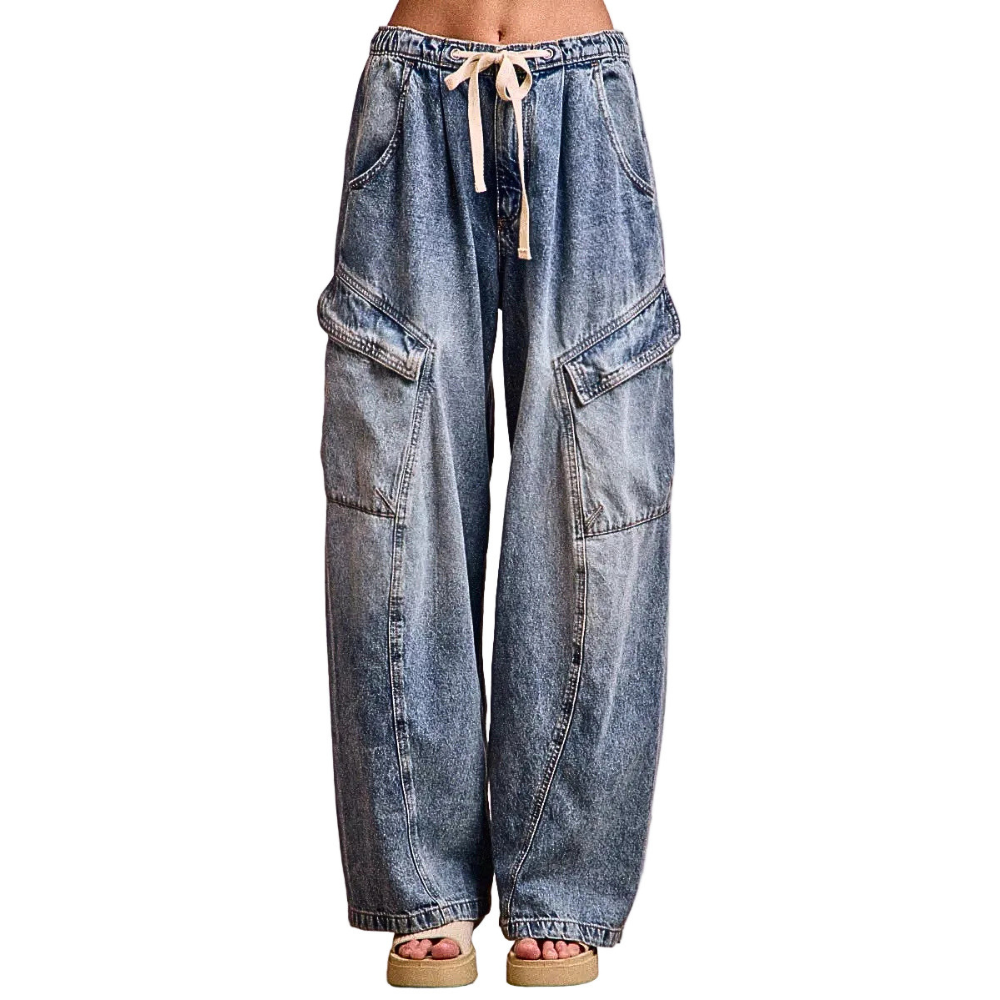 BiBi Baggy Barrel Jeans With Cargo Pockets Casual Drawstring Waist Loose Denim