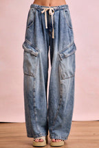BiBi Baggy Barrel Jeans With Cargo Pockets Casual Drawstring Waist Loose Denim