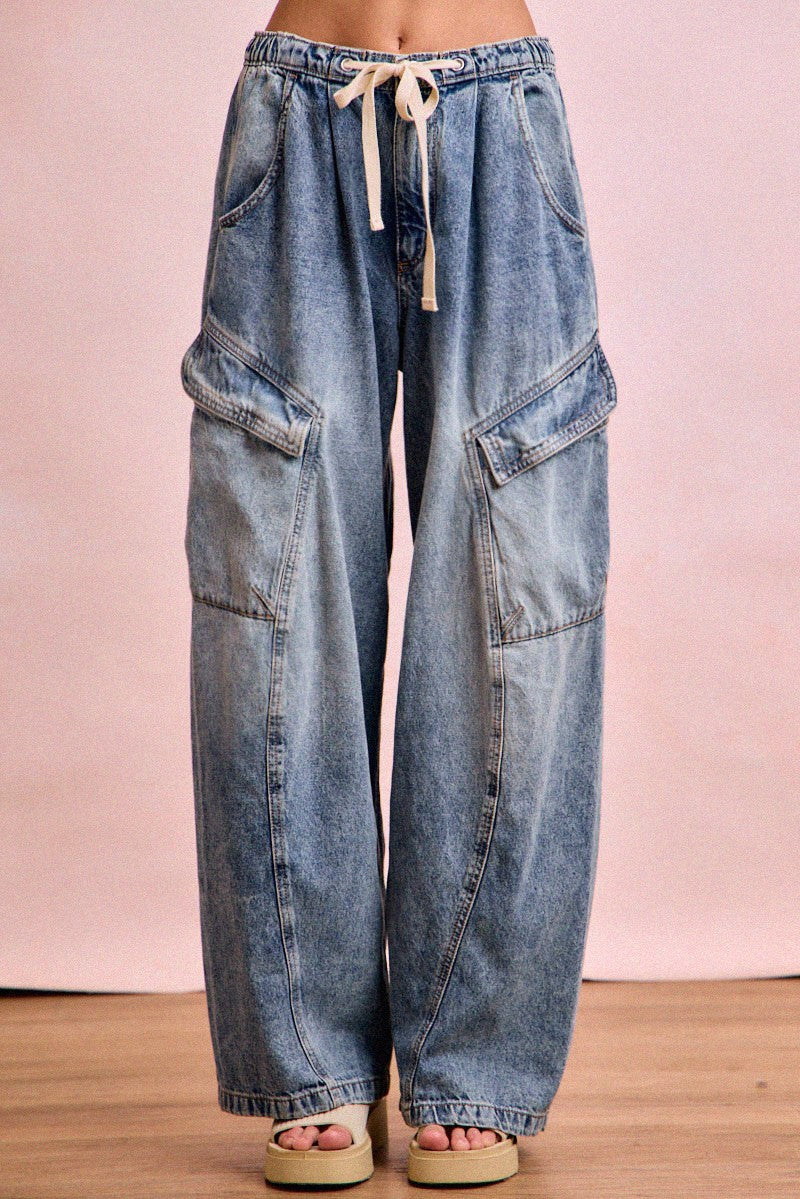 BiBi Baggy Barrel Jeans With Cargo Pockets Casual Drawstring Waist Loose Denim