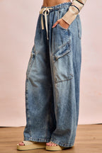 BiBi Baggy Barrel Jeans With Cargo Pockets Casual Drawstring Waist Loose Denim