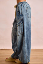 BiBi Baggy Barrel Jeans With Cargo Pockets Casual Drawstring Waist Loose Denim