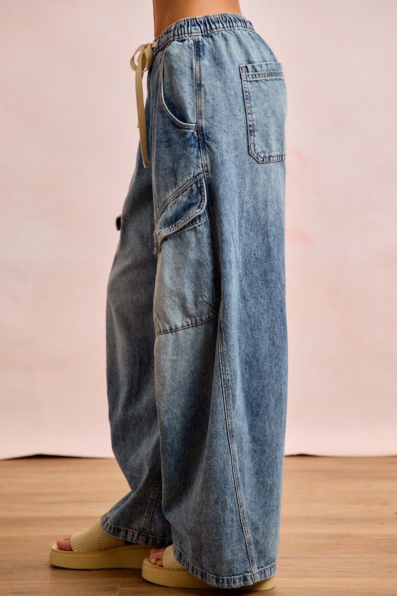 BiBi Baggy Barrel Jeans With Cargo Pockets Casual Drawstring Waist Loose Denim