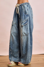 BiBi Baggy Barrel Jeans With Cargo Pockets Casual Drawstring Waist Loose Denim
