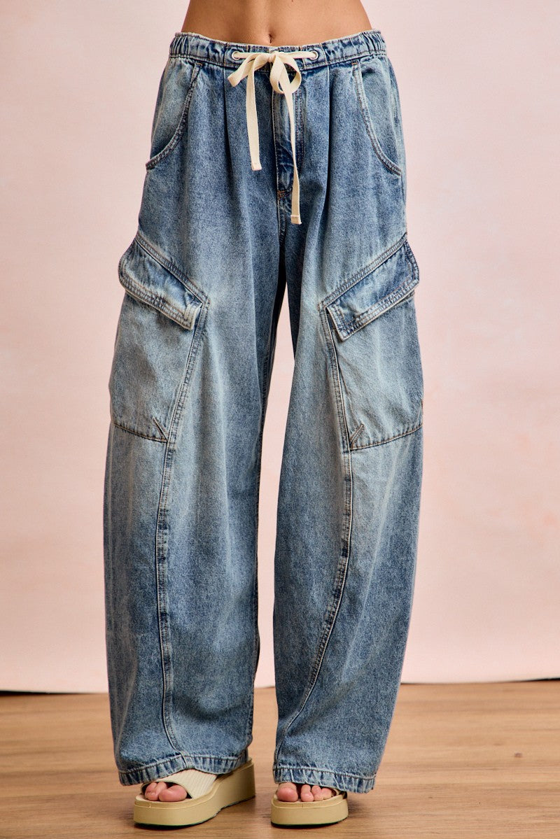 BiBi Baggy Barrel Jeans With Cargo Pockets Casual Drawstring Waist Loose Denim