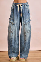 BiBi Baggy Barrel Jeans With Cargo Pockets Casual Drawstring Waist Loose Denim
