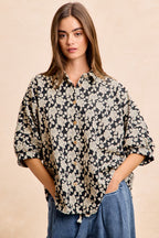 BiBi Oversized Floral Hemd Jacquard Lässiges Button-Up Kurzarm-Top S-XL