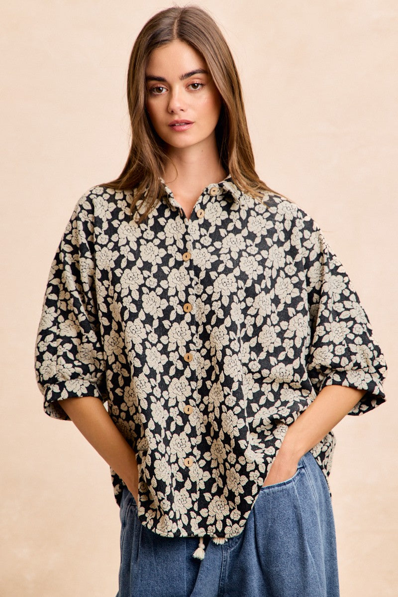 BiBi Oversized Floral Shirt Jacquard Casual Buton-up Short Sleeve Top S-XL