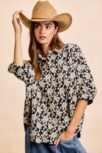 BiBi Oversized Floral Hemd Jacquard Lässiges Button-Up Kurzarm-Top S-XL