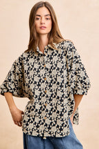 BiBi Oversized Floral Hemd Jacquard Lässiges Button-Up Kurzarm-Top S-XL