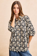 BiBi Oversized Floral Hemd Jacquard Lässiges Button-Up Kurzarm-Top S-XL