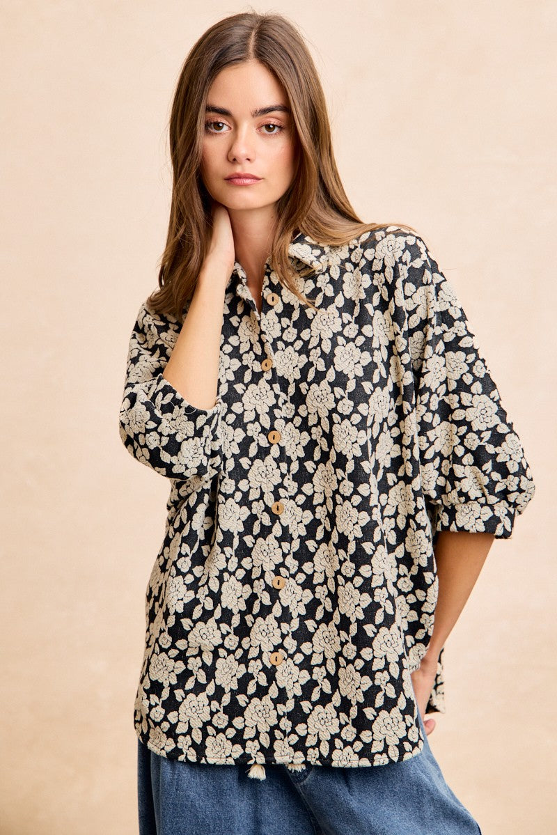 BiBi Oversized Floral Shirt Jacquard Casual Buton-up Short Sleeve Top S-XL