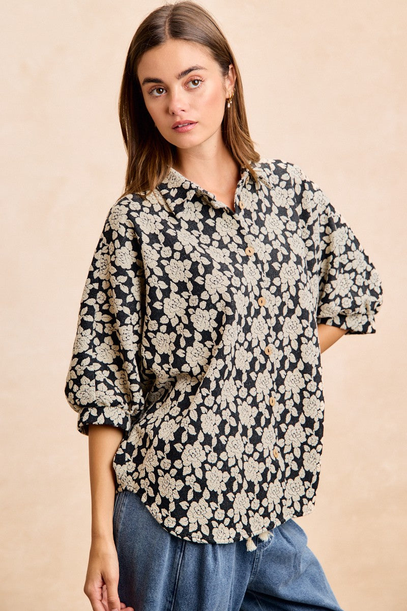 BiBi Oversized Floral Shirt Jacquard Casual Buton-up Short Sleeve Top S-XL
