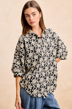 BiBi Oversized Floral Hemd Jacquard Lässiges Button-Up Kurzarm-Top S-XL