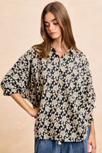 BiBi Oversized Floral Hemd Jacquard Lässiges Button-Up Kurzarm-Top S-XL