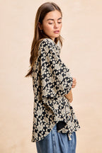 BiBi Oversized Floral Hemd Jacquard Lässiges Button-Up Kurzarm-Top S-XL