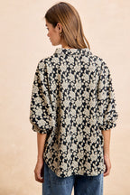 BiBi Oversized Floral Hemd Jacquard Lässiges Button-Up Kurzarm-Top S-XL