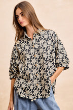 BiBi Oversized Floral Hemd Jacquard Lässiges Button-Up Kurzarm-Top S-XL