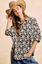 BiBi Oversized Floral Hemd Jacquard Lässiges Button-Up Kurzarm-Top S-XL