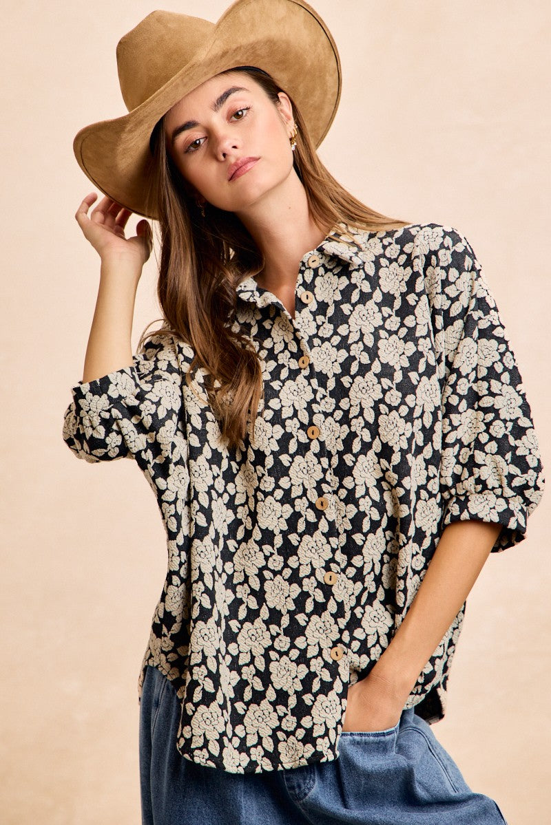 BiBi Oversized Floral Shirt Jacquard Casual Buton-up Short Sleeve Top S-XL