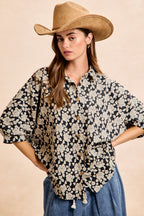 BiBi Oversized Floral Hemd Jacquard Lässiges Button-Up Kurzarm-Top S-XL