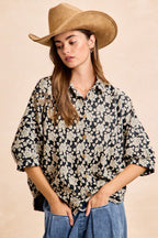 BiBi Oversized Floral Hemd Jacquard Lässiges Button-Up Kurzarm-Top S-XL