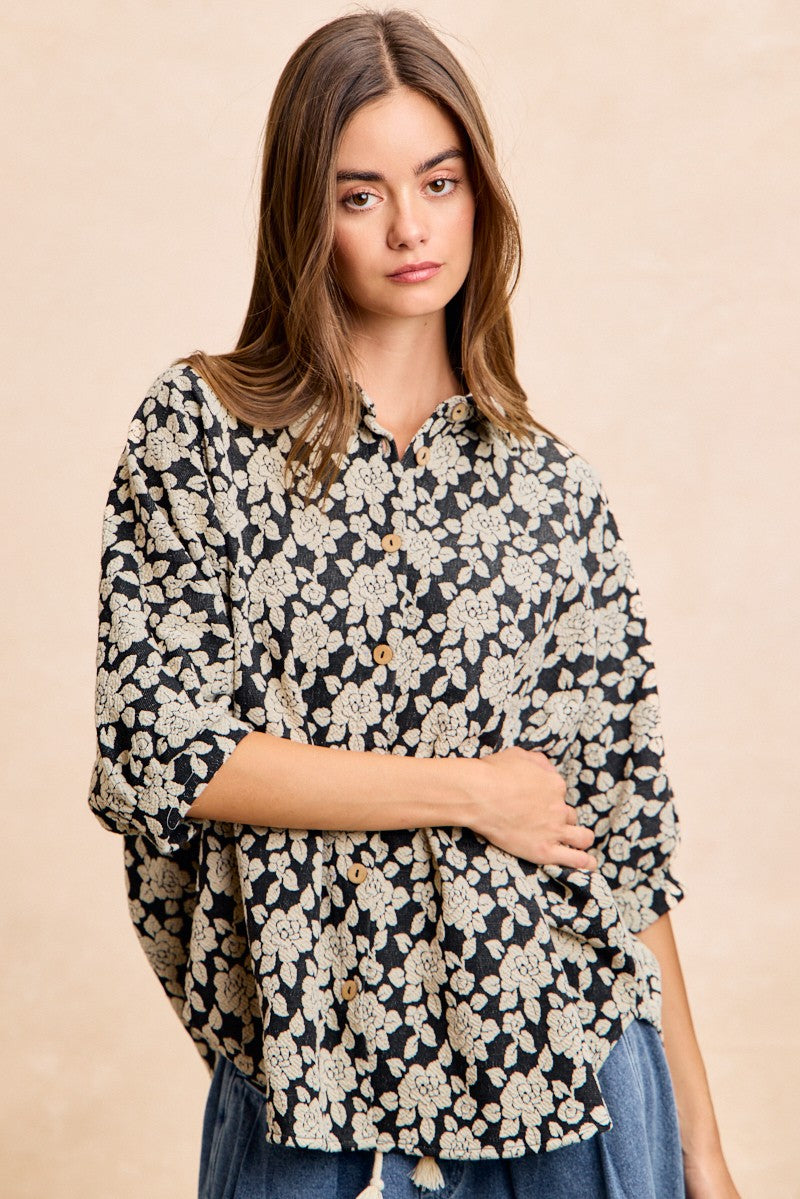 BiBi Oversized Floral Shirt Jacquard Casual Buton-up Short Sleeve Top S-XL