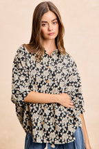 BiBi Oversized Floral Hemd Jacquard Lässiges Button-Up Kurzarm-Top S-XL